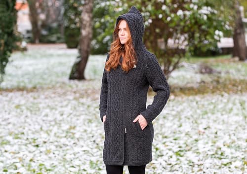 Image of SAOL Ladies Irish Aran Zip Cardigan - 100% Merino Wool Coat with Pockets and Hood, Made in Ireland