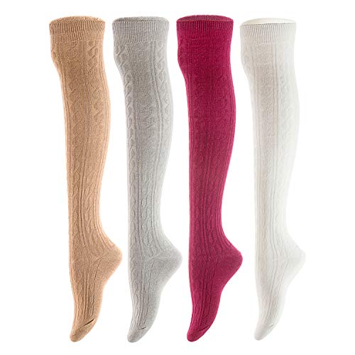 Lian LifeStyle Women's 4 Pairs Over Knee High Thigh-High Cotton Socks LLS1024 Size 6-9(Beige,Light Grey,Wine,White)