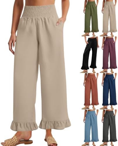 Gumipy Cotton Linen Pants Women Summer Ruffle Smocked High Waisted Pants with Pockets Flowy Wide Leg Palazzo Pant Beach Pant