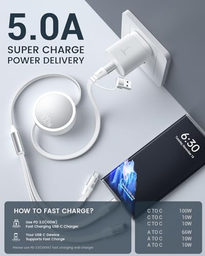 Image of CAFELE Retractable Charging Cable, 100W USB C Fast Charger Cable 3 in 1 with [30-130cm] Adjustable Length, Multi-Port Cord for Laptop, Phone, Car, Travel - PD3.1 /QC5.0（White）