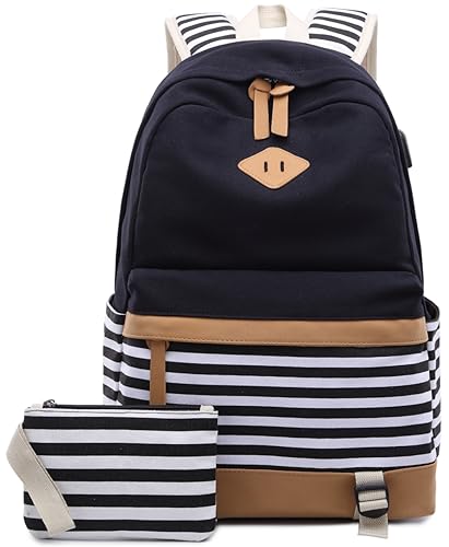 Women Laptop Backpack High School Bookbag 15.6 inch Casual Travel College Canvas with USB Charging Port (1-Black)