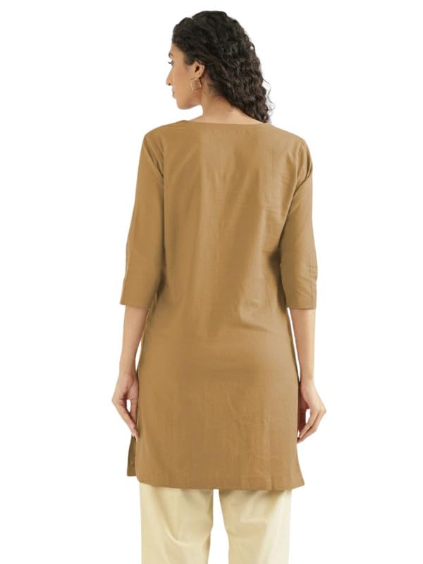 Image of SAADAA Airy Linen Mid Thigh Length Kurta for Women | Stylish Split Neck, 3 /4 Sleeves & Side Pockets | Comfortable Everyday Wear Kurta | Breathable Fabric |