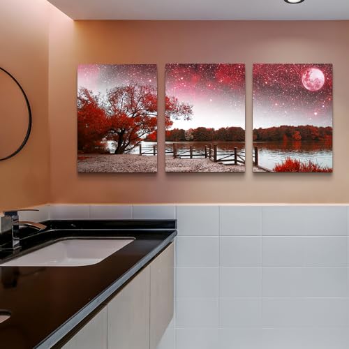 Lapremoly Large Canvas Wall Art for Living Room and Bedroom - Red Tree Abstract Landscape Paintings - Modern Inspiration Artwork for Office Decor - 3 Set