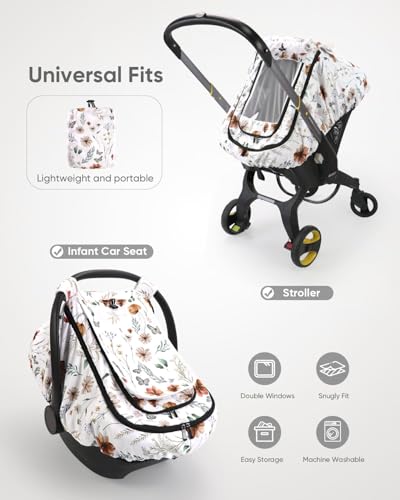 Image of Car Seat Cover Baby Girls, Infant Car Seat Canopy Outdoor, 2 Layers with Mesh and Sun Shade Window for Summer Winter, Easy Access Carseat Covers Snug Fit Baby Stroller - Brown Wildflower