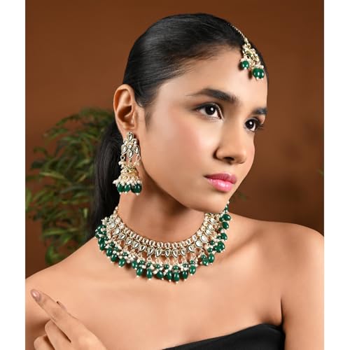 Image of I Jewels Gold Plated Traditional Kundan Pearl Meenakari Choker Necklace Jewellery With Jhumka Earrings Set For Women /Girls