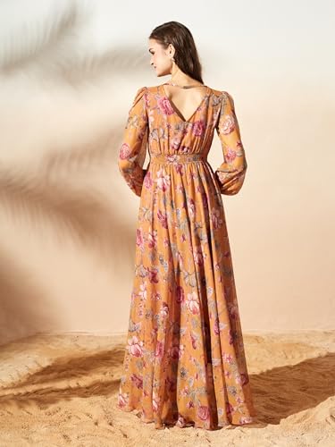 Image of Miss Chase Women's Multicolored-Base-Brown Relaxed Fit Maxi Lurex Chiffon Dress