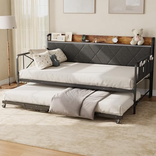 Garvee GarveeHome Twin Daybed with with Upholstered Headboard and Trundle, Black