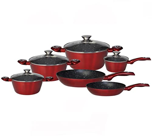 Kochgeschirr Set Topf/Pfannenset Induktion Kochtopfset Anti-Haft Kochtöpfe Bratpfannen (Rot, 10 tlg) Cover