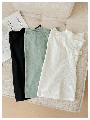 OYOANGLE Girl's 3 Pack Eyelet Cap Sleeve Tank Tops Crew Neck Cute Summer Tee Top3