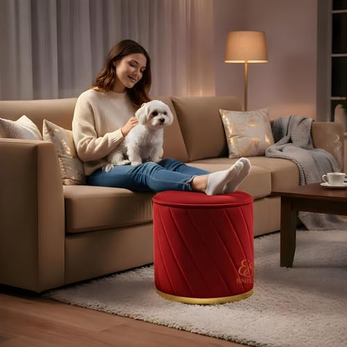 Image of Luxury Round Velvet Ottoman Stool with Gold Base - Modern Upholstered Footrest Pouffe, Tufted Vanity Seat, Living Room Bedroom Dressing Stool (Red)