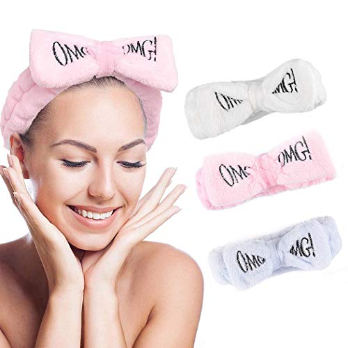 Avanlin Bowknot Spa Headbands White Facial Hair Bands Makeup Stretch Headwraps Shower Washing Face Yoga Head Wraps for Women and Girls (Pack of 3) (white &pink&blue)