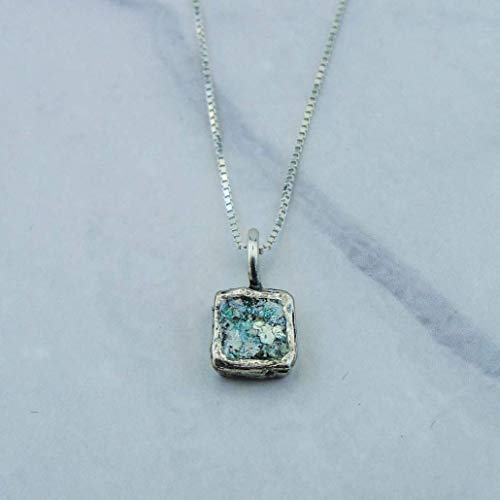 Roman Glass Necklace- Small Square Pendant made of Hammered Sterling Silver with an ancient Roman Glass- Free gift box included! | by HADAS JEWELRY