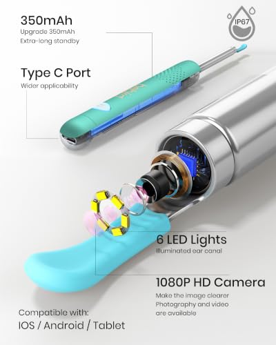 Image of BEBIRD R1 Wax Removal Tool for Ear - Spade Ear Canal Cleaner with Camera 1080P Earscope, Wax Remove Ear Picker with Vari Replacement Tips, Camera with 6LED Light, Green