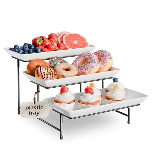 3 Tier Plastic Serving Tray for Party, 11.5" x 5.6" Platters for Serving Food, Microwave-Safe, White Reusable Trays with Black Metal Display Stand for Cupcakes, Sevring Food, Dessert, Fruit, Black