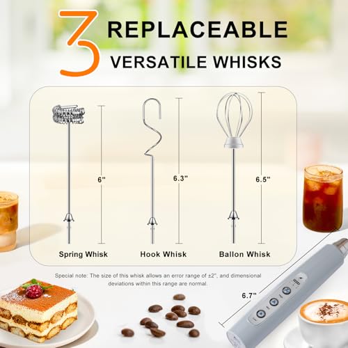 Image of YUSWKO Handheld Milk Frother for Coffee, Rechargeable Drink Mixer with 3 Heads 3 Speeds Electric Whisk Coffee Frother For Latte, Cappuccino, Hot Chocolate, Egg - Cement Gray
