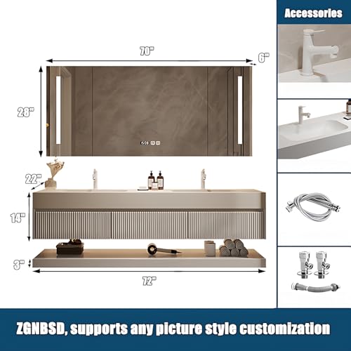 ZGNBSD Double Sink Bathroom Vanity - Solid Wood Bathroom Vanity with Smart Defog Mirror ＆ Light, Floating Double Sink Cabinet with Abundant Storage Space (72IN)