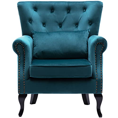chairus Mid-Century Modern Accent Chair Comfy Tufted Single Sofa Chair Wingback Armchair with Pillow for Club, Living Room, Bedroom - Velvet, Teal