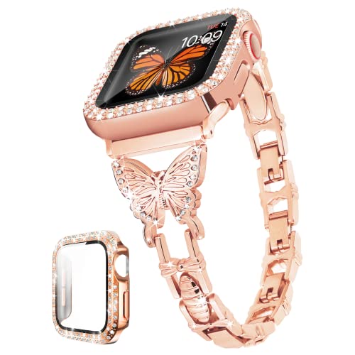 Butterfly Band Compatible with Apple Watch Band 44mm with Bling Case iWatch Series 6 SE 5 4, Cute Slim Metal Jewelry Bands for Women, Fancy Rhinestone Diamond Dressy Strap (Rose Gold) Rose G