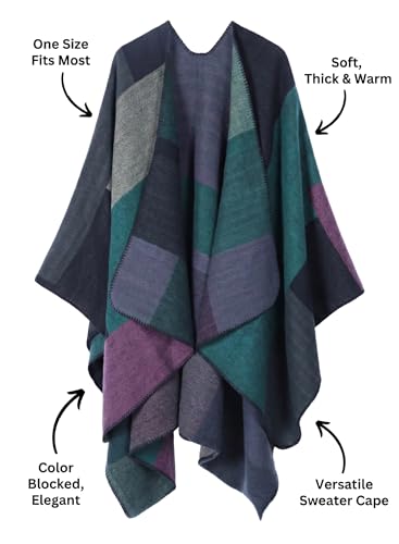 Image of Bestshe Women's Boho Open Front Poncho Plaid Shawl Wrap Cape | Tassel Cardigan Sweater, Cozy Layering, Fall Winter Clothes for Women