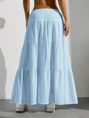 Women Flowy Flared Ruffle Long Skirt Casual Loose Fit Tie High Waist Solid Layered A-line Swing Boho Maxi Skirt3