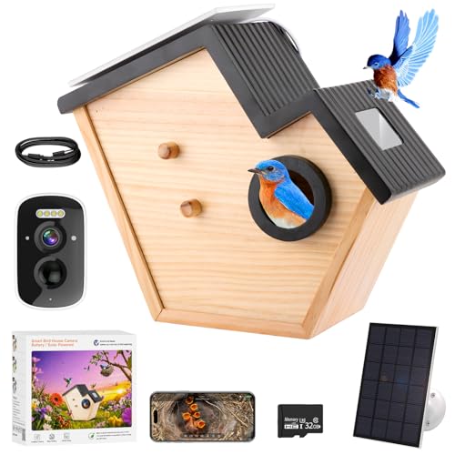 Wood Bird House Feeder with Camera, 2K HD Smart WiFi Bird Cam Solar Powered with LED Light, 32G Card, Bird Box Camera Wireless Outdoor, Wooden Bird Houses for Outside, Gifts for Bird Lovers Women