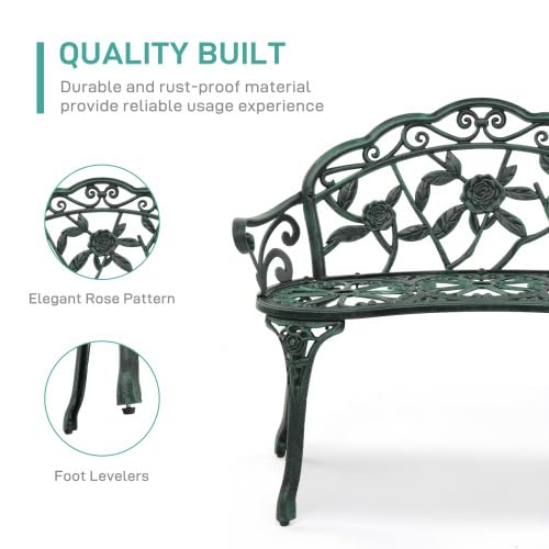 Bonnlo Gartenbank Metall Aluminium Rose, wetterfeste Sitzbank für 2 Sitzer, antike Sitzbank mit Rückenlehne, Bänke für Terrase, Balkon, Garten, Hof, antike Grün