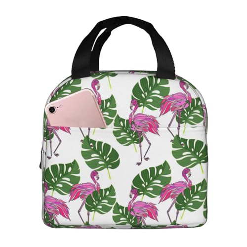Wangxyozdp Bolsa de almuerzo aislada con estampado de hojas de flamenco de dibujos animados para mujeres y hombres, bolsa de almuerzo con bolsillo frontal