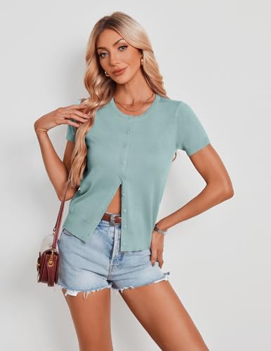 Image of GRACE KARIN Women Short Sleeve Cardigan, 2026 Summer Knitted Sweater Tops, Basic Crew Neck Crop Outfits