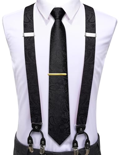 Image of Hi-Tie Men's Suspenders and Tie Set Silk Adjustable Elastic Y Braces with Strong 6 Clips Pocket Square Set