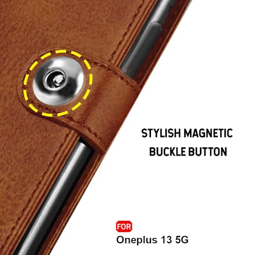 Image of TheGiftKart Flip Cover Back Case for OnePlus 13 5G | Genuine Leather Finish | Designer Button | Inbuilt Pockets & Stand | Wallet Style Flip Back Cover Case for OnePlus 13 5G (Faux Leather, Brown)