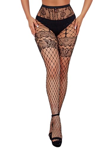 Image of ChiaoLezhee Sexy Wide Fishnet Tights, Floral Lace Garter Stockings For Women, Fishnets Fish Net Fits 0-18