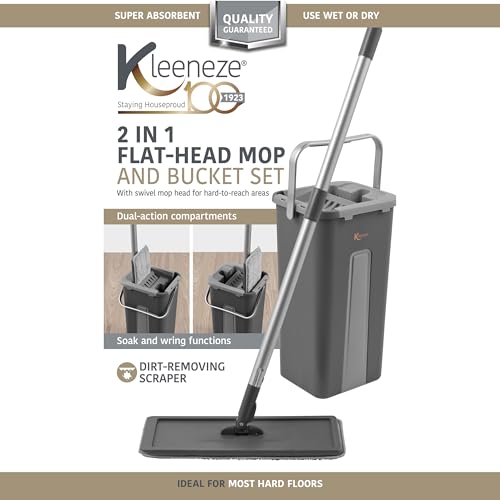 Kleeneze KL028145EU7 Wischmopp und Eimer-Set, Flacher Mikrofasermopp platzsparender Bodenwischer mit Schwenkkopf, Wringer mit Doppelfunktion/Schmutzschaber, kompakter Wischeimer, 100-Jubiläum-Edition – Bild 4
