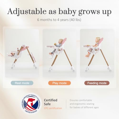 Image of Mallify Foldable High Chairs for Babies and Toddlers, 3-in-1 Convertible Baby High Chair with Removable Soft Cushion and Tray, Adjustable Height & Recline, Lockable Wheels, Pink