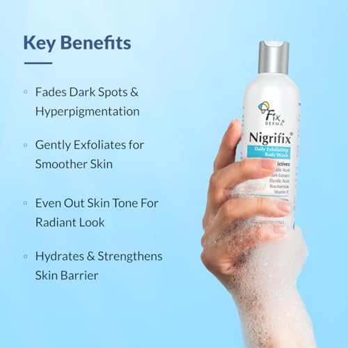 Image of Fixderma Nigrifix Exfoliating Body Wash with 5% Actives (Lactic Acid, Glycolic Acid, Niacinamide Acid & Vitamin E) | Gentle Exfoliating Shower Gel | Improves Skin Tone | Body Wash Shower Gel - 200ml