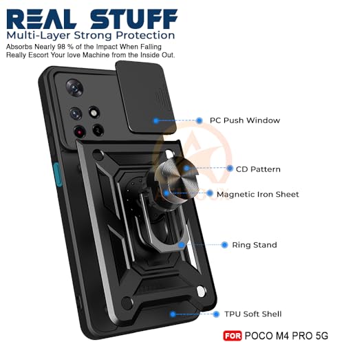 Image of Armor Bumper Back Cover Case for Poco M4 Pro 5G / Redmi Note 11T 5G Rotating Camera Cover, Ring Holder & Kickstand | Heavy Duty & 360 Degree Protection Back Cover (Black)