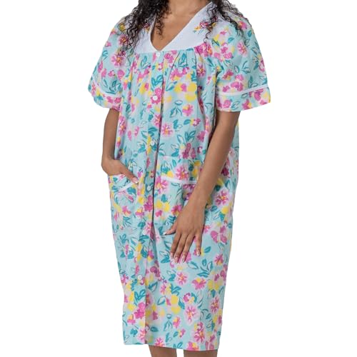 Image of Women's Short Sleeve Woven Snap-Front Closure Floral Embroidery Housecoat Duster Lounge Nightgown Robe with Front Pockets