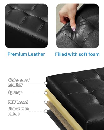 Image of Bsketa Storage Ottoman Bench,17 Inch Folding Leather Foot Rest Stool, Black | Small Ottoman with Side Pockets, Thicker Foam Padded Seat, Livingroom, Dorm, Bedroom, Easy to install, 43L,17x13x13in