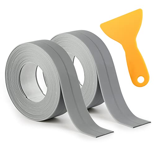 Bath Sealant Strip,Self Adhesive Waterproof Sealing Tape,2 Roll 3.2m*2.2cm Bathroom Sealant with Scraper Tool, Worktop Caulk Strip for Kitchen,Toilet,Sink, Bathtub (6.4m gray)