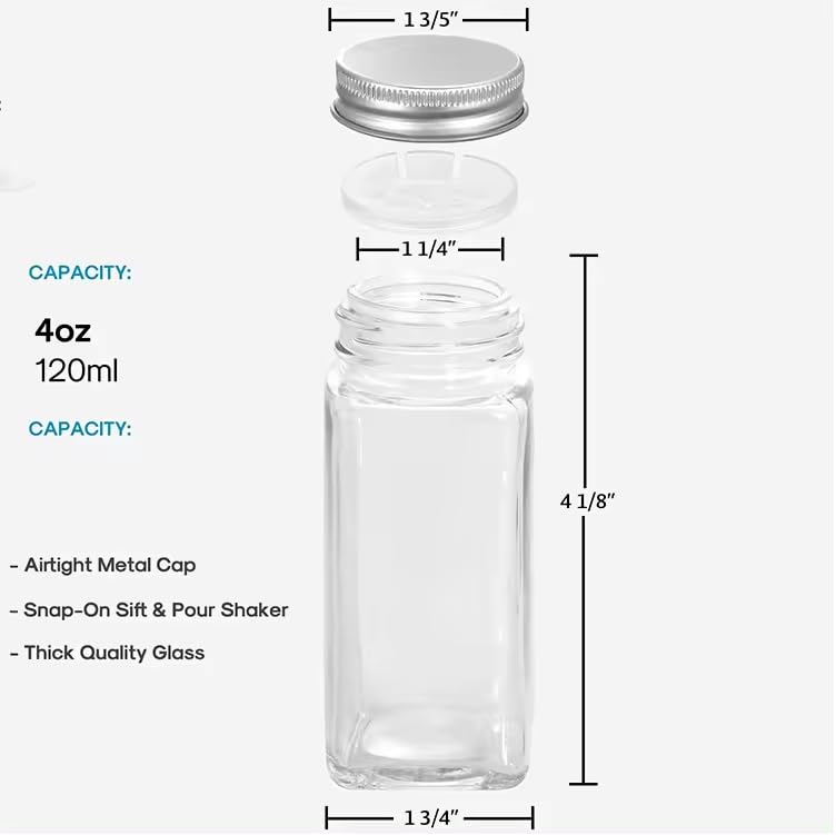 Image of ALEITO 120 ML | Spice Jars For Kitchen Glass Spice Jars with Lids,Spices & Seasonings Sets Organizer Spice Containers, Airtight Food Canisters (4)