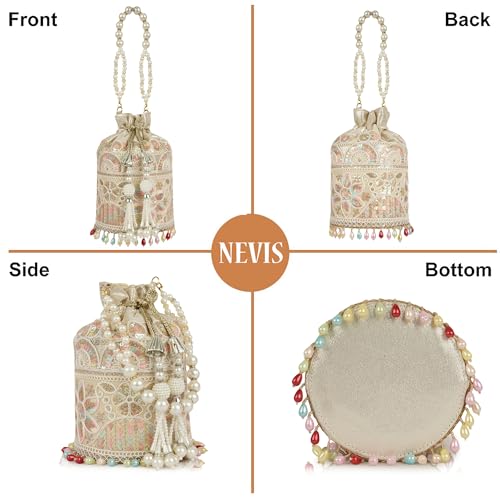 Image of Nevis Silk Fabric Embroidered Potli Bag with Pearl Beaded Handle | Designe Ethnic Drawstring Clutch for Wedding, Festive