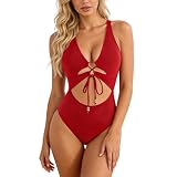 Costume Intero Donna con Schiena Nuda, Sgambato e Ritagli, Dotato di Push up Ideale per Spiaggia da bagno elegante da donna in tinta unita con scollo a V profondo, coulisse regolabile e dettagli arric