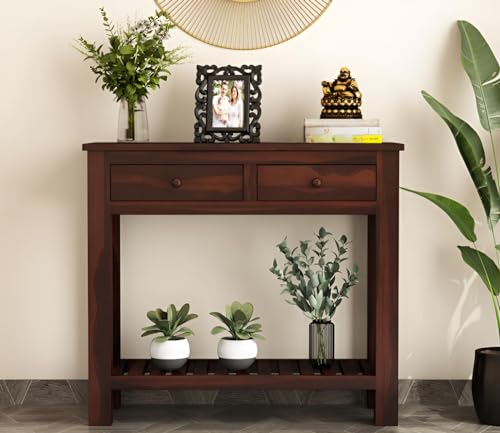 Image of Wooden Console Table for Living Room Decor | Entryway | Bedroom with 2 Storage Pull Drawer (1 Piece, Walnut Finish, 35X89X78Cm)