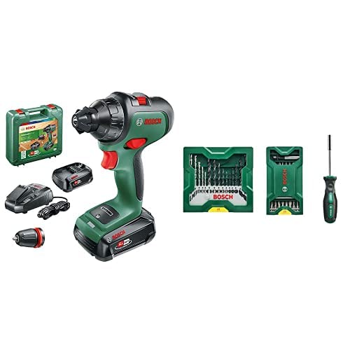 Bosch Akku-Bohrmaschine AdvancedDrill 18 (2 Akkus, 18 Volt System, im Handwerkerkoffer) + 25 + 15 + 1 Mini-X-Line Set plus Griff (für Metall, Holz, Stein, Zubehör Bohrmaschine)