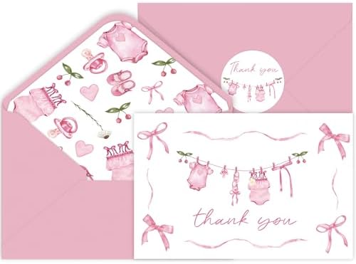 24 Pcs Pink Girl Baby Shower Thank You Cards with Envelopes, Baby...