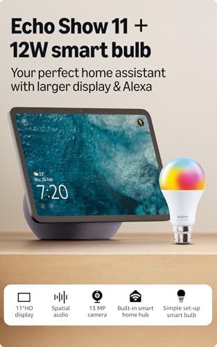 Image of Amazon Echo Show 11 (newest model), vibrant 11 inch Full HD display with spatial audio & Alexa, new sleek design, Graphite, combo with wipro 12W smart bulb