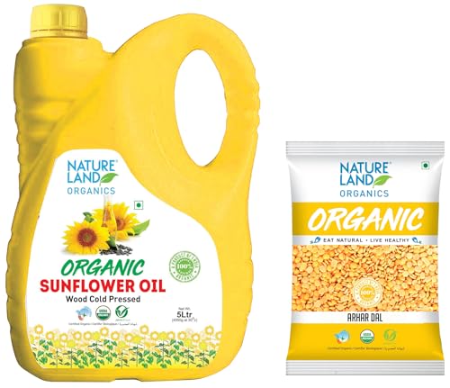 Image of Natureland Organics Sunflower Oil Jar, 5 L & Natureland Organics Arhar / Toor Dal 500 Gm - Organic Healthy Pulses