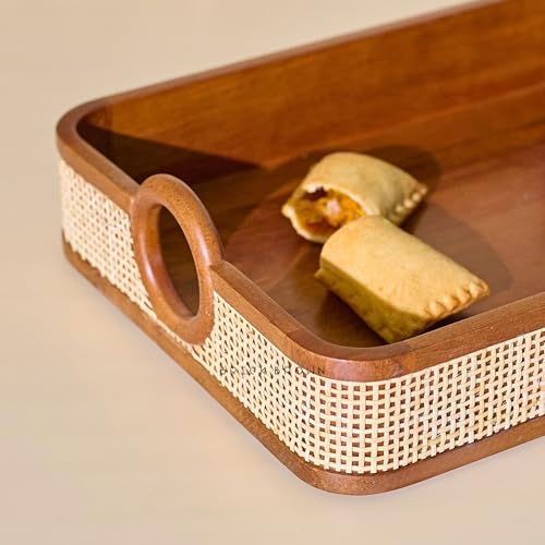 Image of Brick Brown Premium Wooden Tresso Serving Tray with Cane Weaving | Walnut Finish Tea & Breakfast Tray with Handles | Luxury Decorative Organizer for Kitchen, Dining, Coffee Table, Office 15x10 Inch