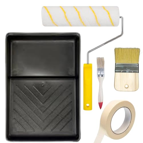 Kit Rodillo Pintura Pared Pelo Corto Antigoteo sin Salpicaduras, Cinta de Carrocero, Brochas Pintura, Cubeta | para Esmaltes, Pinturas Plásticas y Decorativas (6 Piezas, Plástico, Bandeja 30cm)