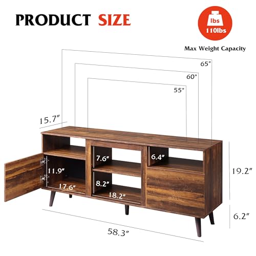 WLIVE Mid-Century Modern TV Stand for 55 60 65 Inch TV, Entertainment Center with Extra Open Shelf & Storage Cabinets, Media TV Console for Living Room Bedroom Office, Retro Brown