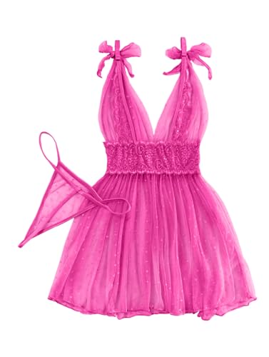 Image of Lilosy Sexy Polka Dots Mesh Sheer Lace Babydoll Chemise Lingerie Set Floral Sleep Wear